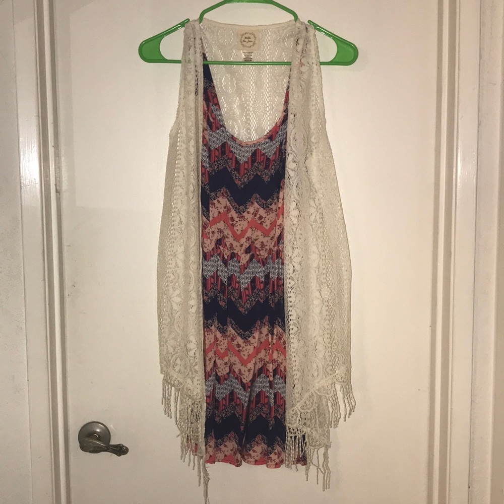 Colorful short dress & tank top, lace cardigan.